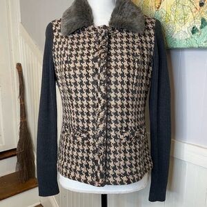 CAbi Houndstooth Jacket with Faux Fur Collar